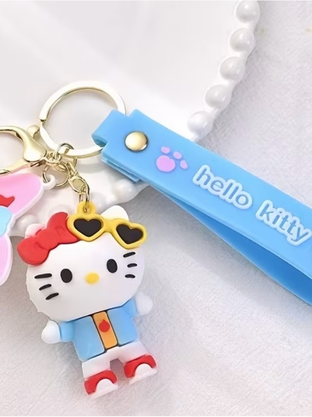 Hello Kitty Blue Silicone Keyring Charm with White Figure and Red Bow